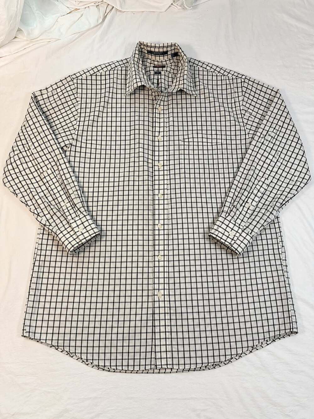 Overton Men's Long Sleeve Button Down Shirt White and Black Check 100% Cotton